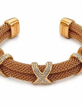 Signed IVANA Gold-Tone Braided Mesh Cuff Bracelet with Crystal X Accents
